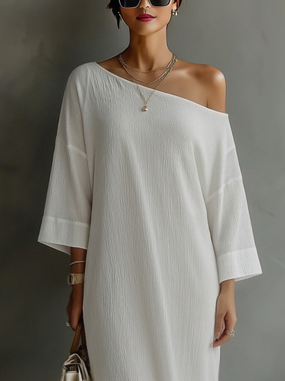 Women's Ivory White Cotton-Linen Blend One-Shoulder Flowing Elegant Dress MDA3032K4T