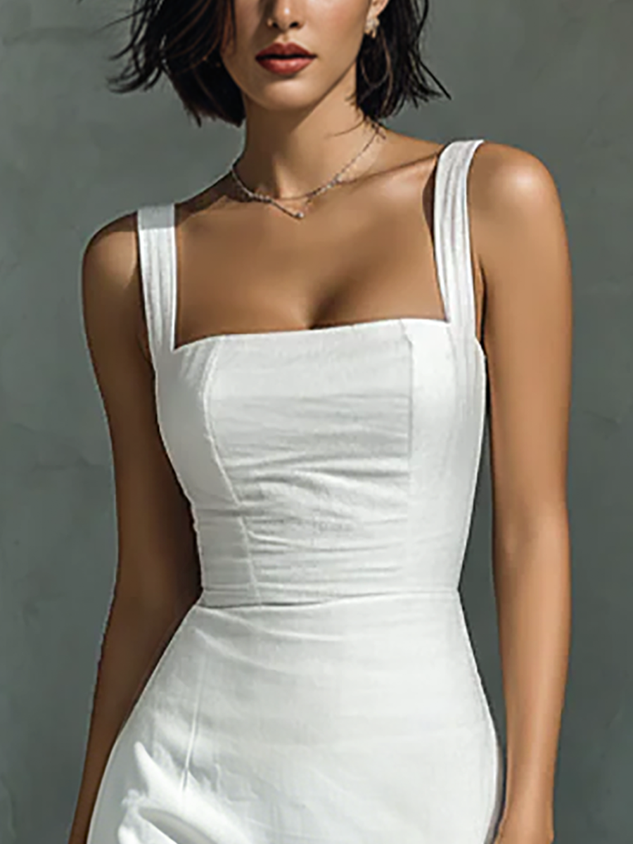 Women's Simple White Cotton And Linen Blend Sleeveless Midi Dress MDZ1204A3BA