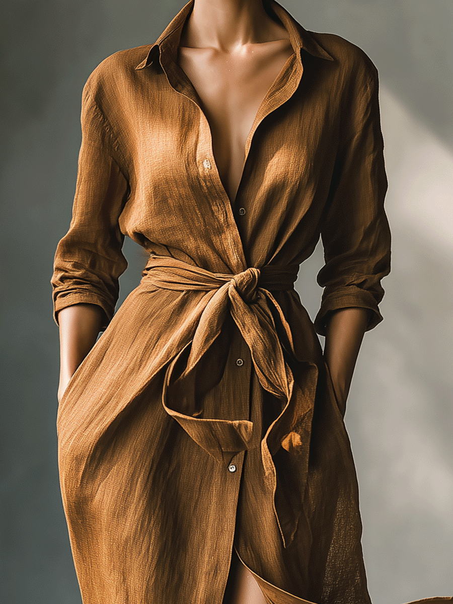 Women's Vintage Brown Blend Shirt Maxi Dress MDA2898G6I