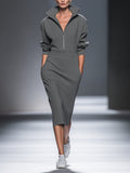 Women's Casual Cotton Polyester Half  Zip Midi Dress MDA0570H1I