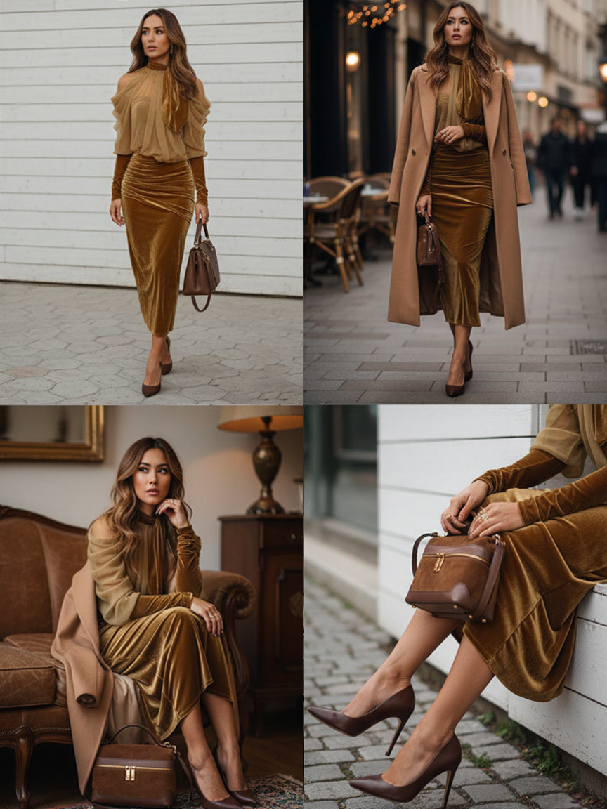24-Hour-Shipping Light Brown Velvet Bodycon Maxi Dress With Chiffon Blouse Set