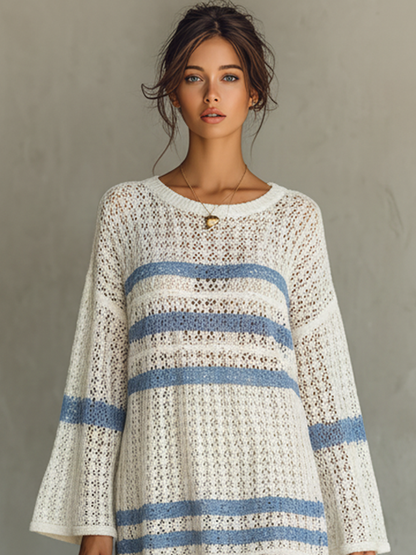 Women's Vacation Style Openwork Knit Striped Mini Dress MDA1806L6Y