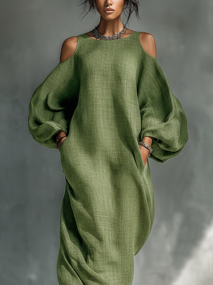 Women's Light Green Cold-Shoulder Maxi Dress With Oversized Puff Sleeves & Side Pockets MDZ1004B7T