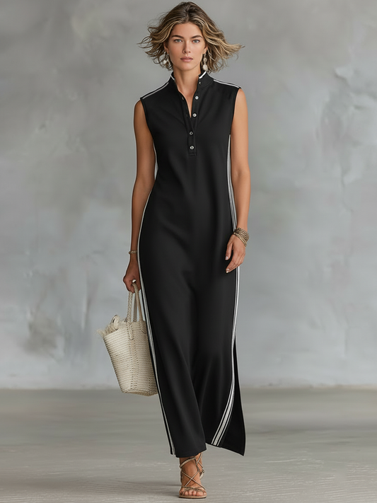 Women's Minimalist Athletic-Style Sleeveless Henley Maxi Dress MDZ1960C6Y