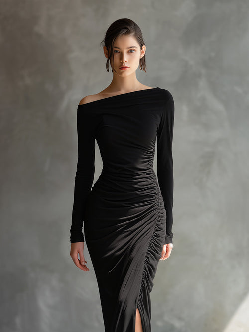 Women's Black Elegant Jersey Off - Shoulder Ruched Slit Maxi Dress MDA2125H9I