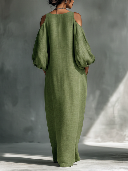 Women's Light Green Cold-Shoulder Maxi Dress With Oversized Puff Sleeves & Side Pockets MDZ1004B7T