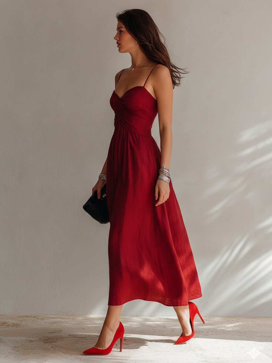 Women’s Minimalist Linen-Blend Ruched Spaghetti Strap Midi Dress MDZ2166E9ZRK