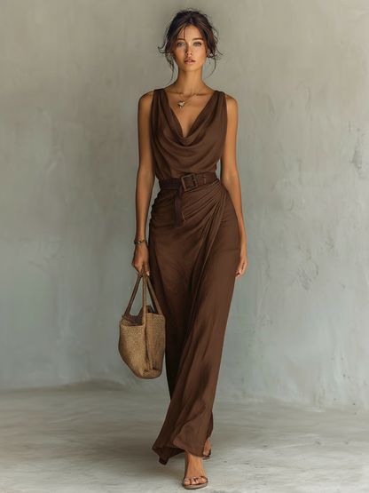 Women's Minimalist Cowl Neck Sleeveless Belted Maxi Dress MDZ1262A0Y