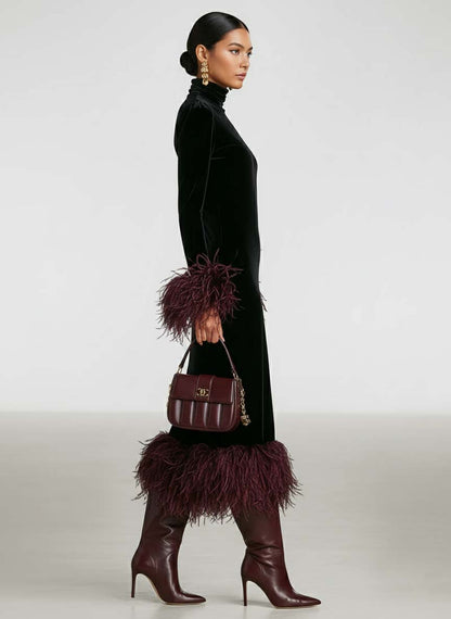 Women's Minimalist Velvet Patchwork Faux Ostrich Feather Cuffs And Hem Maxi Dress MDA1174J9Y