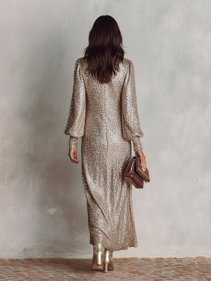 Women's Minimalist Loose Shimmering V-neck Maxi Party Dress MDA1819I0Y
