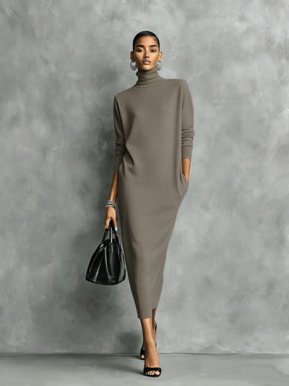 Women's Elegant Black Knitted Turtleneck Long-sleeved Loose-fitting  Midi Dress With No Pockets MDA1974L7AN
