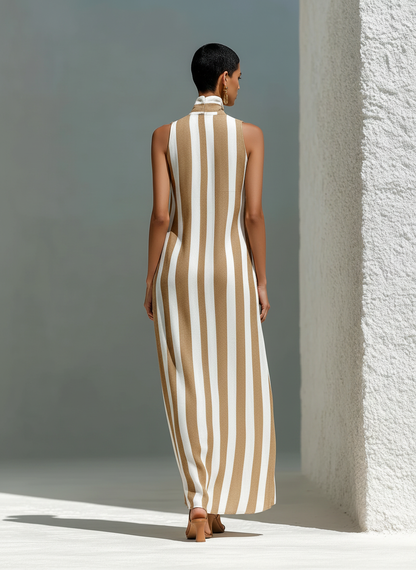 Women’s Camel & White Striped Sleeveless Stand Collar V-Neck Maxi Dress With Pockets MDZ2026D2T