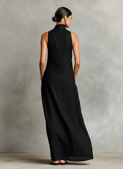 Women's Black Linen-Blend Maxi Dress With High Neck & Side Pockets, Timeless Minimalist Casual Dress MDZ2597D7LYL