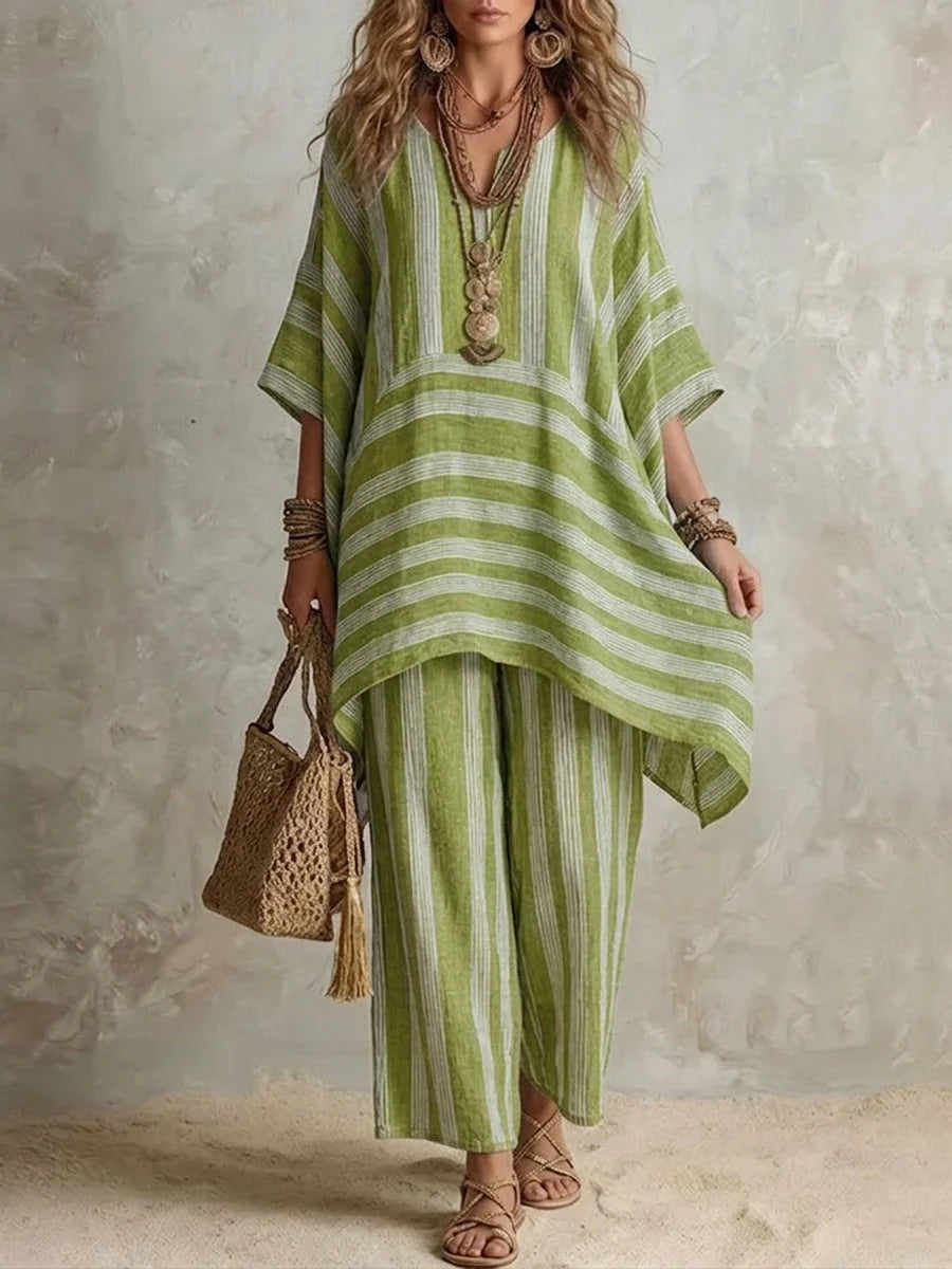 Striped Poncho Top & Wide-Leg Pants Set