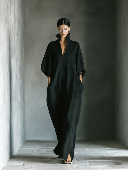 Women's Black Cotton Blend Fabric Oversized Kimono-Sleeve Maxi Dress With Pockets MDZ0577A3T