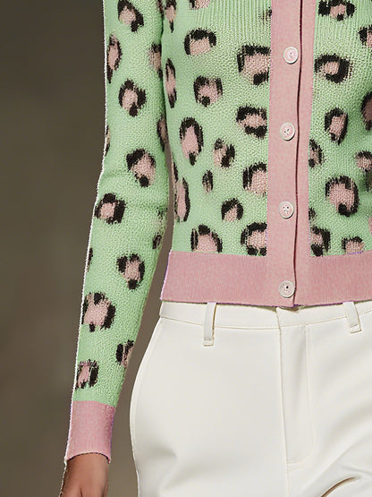 Green Leopard Print Button Up Cardigan With Pink Trim