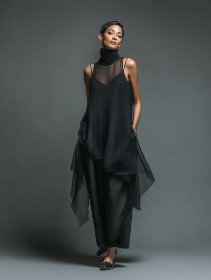 Women's Minimalist Imitation Acetate Slip Dress Paired With A Chiffon Overlay Maxi Dress MDZ2702A3Y
