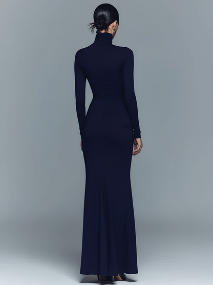 Women's Navy Elegant Stretch Polyester-Cotton Blend Turtleneck Draped Maxi Dress MDA1742J1I