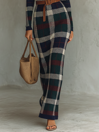 Women's Minimalist Check Knit Belted Square Neck Maxi Dress MDA2984J0Y