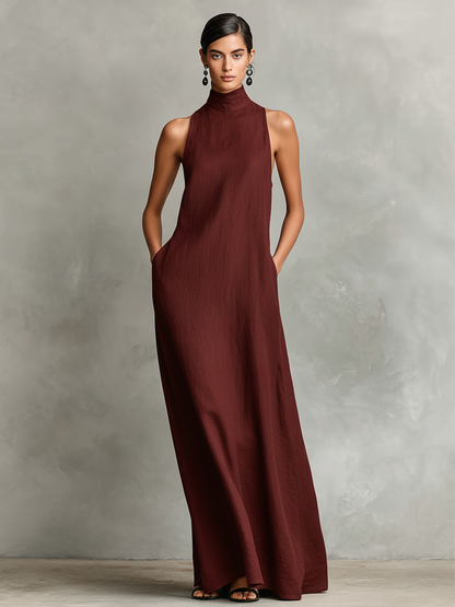 Women's Black Linen-Blend Maxi Dress With High Neck & Side Pockets, Timeless Minimalist Casual Dress MDZ2597D7LYL